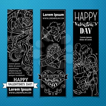 Set of chalk love banners on blackboard background. Cupid, hearts, gift, balloons, ribbon, ring, hand-written text. Vector doodles web templates.