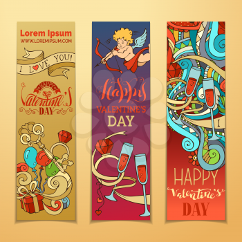 Set of vertical love banners. Cupid, hearts, gift, balloons, ribbon, ring, hand-written lettering. Vector colourful web templates.