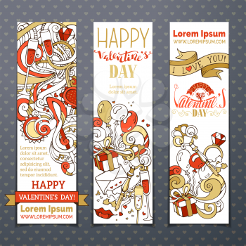 Set of red and gold love banners. Cupid, hearts, gift, balloons, ribbon, ring, letter, sun, music notes, hand-written lettering. Vector hand-drawn web templates.