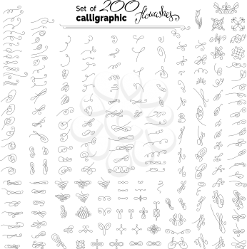 Hand-sketched design elements and ornamental page decorations and dividers. Isolated on white background. 