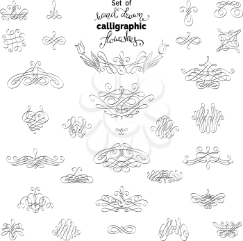 Set of calligraphic flourishes and ornamental design elements isolated on white background. 