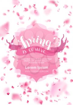 Spring is coming. A lot of pink petals on white background. Pink badge and ribbon. Nature vertical backdrop. There is place for your text in the center.