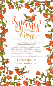 Spring time. Hand-drawn birds. Blossoms and leaves on tree branches. Hand-written brush lettering. There is place for your text in the center.