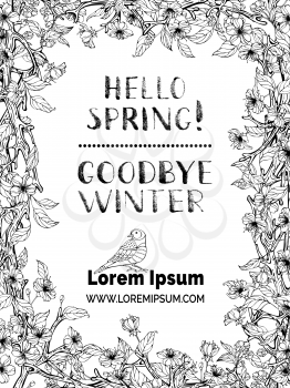 Hello spring! Goodbye winter! Spring blossoms on tree branches. Handwritten grunge brush lettering. Colouring book template. You can place your text.