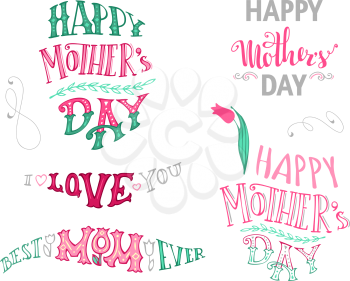 Vector set of unique Mother's Day typographical design elements. Hand-drawn doodles lettering isolated on white background.