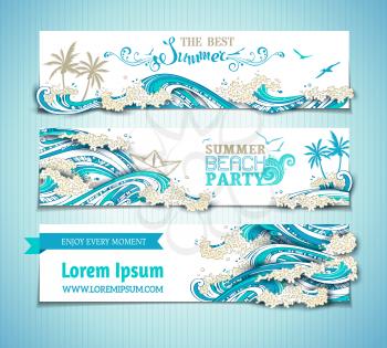 Bright hand-drawn illustration. The best summer. Summer beach party. There is place for text on white background. Seagulls, palms, paper ship and waves.