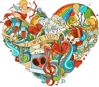 Vector illustration for your romantic background. Cupid, gift, balloons, ring, swirls and ribbons, music notes and others symbols. 