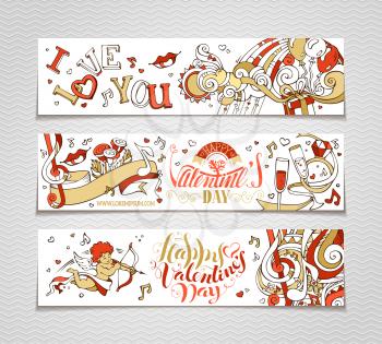 Set of red and gold love banners. Cupid, hearts, music notes, gift, balloons, ribbon, ring, roses, rainbow, hand-written lettering. Vector web templates.