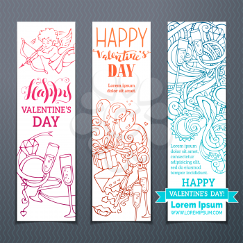 Cupid, hearts, ribbon, ring, glasses, letter, music notes, hand-written lettering. Vector hand-drawn romantic banners. There is place for your text. 