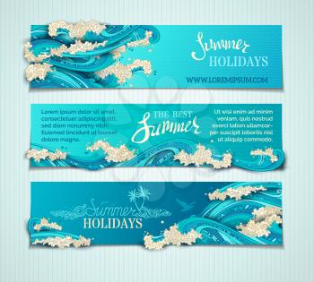 Bright decorative illustration. Hand-written lettering. There is place for text on blue background. Paper ship, seagulls and waves.