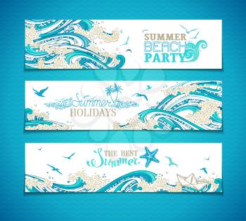 Paper ship, starfish, seagulls and waves. Summer beach party. Summer holidays. The best summer. Bright decorative illustration. There is place for your text. 