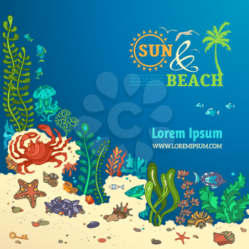 Sea and beach. Various shell, algae, fish, starfish, jellyfish, mussels, crab. There is place for text on blue ocean background. 