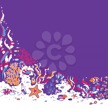 Bright vector illustration. Various shell, algae, fish, starfish, bottle with a letter, key on the bottom. There is place for text on violet ocean background. 