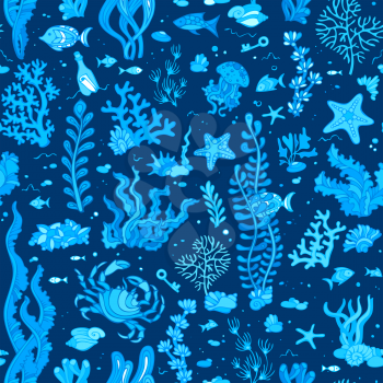 Various shell, algae, fish, starfish, bottle with a letter, key on dark blue background. Vector illustration. 