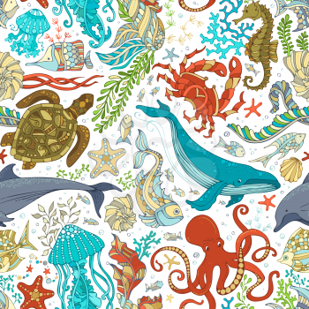 Cartoon octopus, whale, dolphin, turtle, fish, starfish, crab, shell, jellyfish, seahorse, algae. Underwater animals and plants.