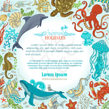 Whale, octopus, dolphin, turtle, fish, starfish, crab, shell, jellyfish, seahorse, seaweed. Underwater wild animals. There is place for text on white background.