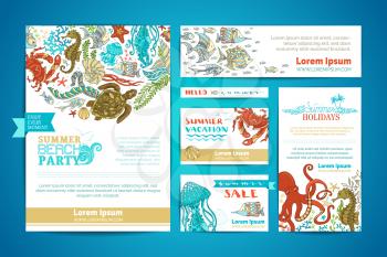Vector cartoon design elements. A4 paper, business cards, banners. Octopus, turtle, fish, starfish, crab, shell, jellyfish, seahorse, seaweed.