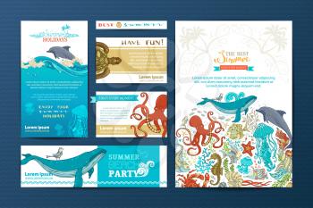 Vector doodles design elements. A4 paper, business cards, banners. Whale, dolphin, turtle, fish, octopus, starfish, crab, shell, jellyfish, seahorse, seaweed.