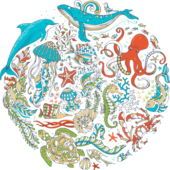 Whale, dolphin, turtle, fish, starfish, octopus, crab, shell, jellyfish, algae. Underwater sea life. Colourful cartoon vector.