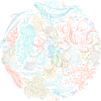 Whale, dolphin, octopus, turtle, fish, starfish, crab, shell, jellyfish, seaweed. Underwater sea life. Colourful doodles vector dsign elements.