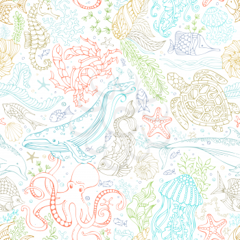 Colourful contours of whale, dolphin, turtle, fish, starfish, crab, octopus, shell, jellyfish, seahorse, algae on white. Underwater sea animals and plants.