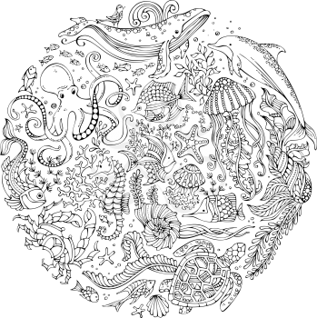 Contours of whale, dolphin, turtle, fish, starfish, crab, octopus, shell, jellyfish, algae. Underwater animals and plants. Coloring book for adults template.