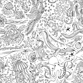 Doodles linear illustration. Whale, dolphin, turtle, fish, crab, shell, octopus, jellyfish, seahorse, algae. Sealife boundless background.