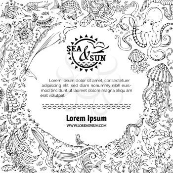 Whale, dolphin, turtle, fish, starfish, crab, shell, jellyfish, seahorse, algae, octopus. Wild animal contours. Coloring book for adults template.