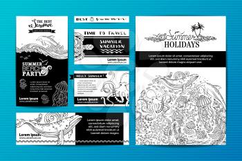 Doodles elements. Corporate A4 paper, business cards, banners. Whale, dolphin, turtle, fish, starfish, octopus, crab, shell, jellyfish, seahorse, seaweed.