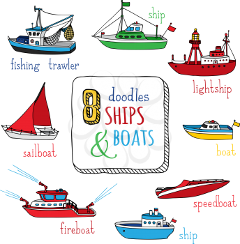 Various hand-drawn ships and boats isolated on white background. Lightship, fireboat, fishing trawler, speedboat, sailboat and motorboat.