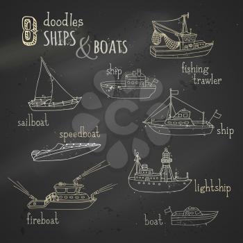 Lightship, fireboat, fishing trawler, speedboat, sailboat and motorboat. Various chalk nautical vessels on blackboard background.