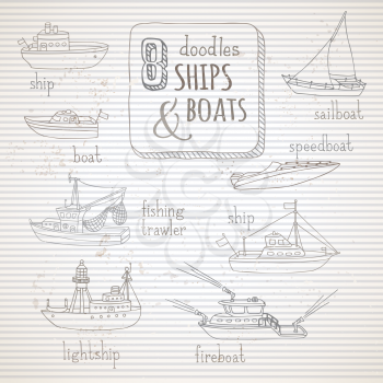 Various hand-drawn ships and boats on old vintage striped background. Lightship, fireboat, fishing trawler, speedboat, sailboat and motorboat.