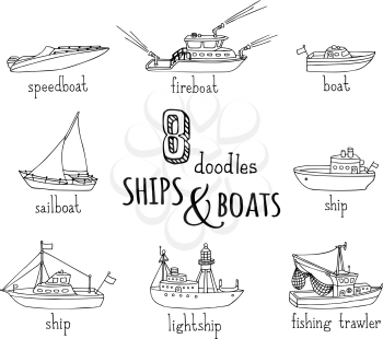 Lightship, fireboat, fishing trawler, speedboat, sailboat and motorboat. Black ship and boat contours isolated on white background.