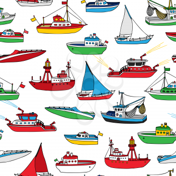 Various hand-drawn ships and boats on white background. Lightship, fireboat, fishing trawler, speedboat, sailboat and motorboat.