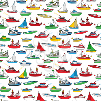Various hand-drawn nautical vehicles on white background. Lightship, fireboat, fishing trawler, speedboat, sailboat and motorboat.