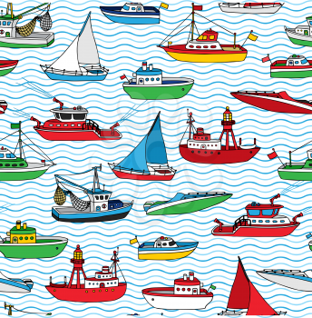 Lightship, fireboat, fishing trawler, speedboat, sailboat and motorboat. Hand-drawn ships and boats on waves background.