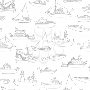 Grey contours of ships and boats on white background. Lightship, fireboat, fishing trawler, speedboat, sailboat and motorboat.