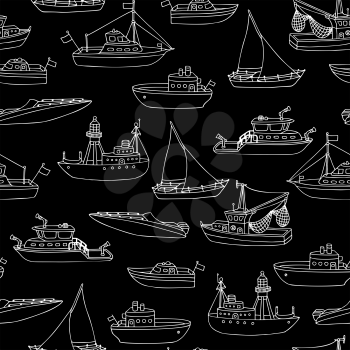 Doodles chalk nautical vessels on blackboard boundless background. Lightship, fireboat, fishing trawler, speedboat, sailboat and motorboat.
