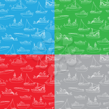 Lightship, fireboat, fishing trawler, speedboat, sailboat and motorboat. White doodles cartoon vehicles on coloured backgrounds.