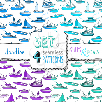Cartoon ships and boats on white background. Lightship, fireboat, fishing trawler, speedboat, sailboat and motorboat.