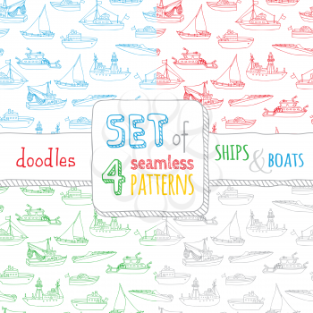Lightship, fireboat, fishing trawler, speedboat, sailboat and motorboat. Doodles ships and boats on white background. Boundless backgrounds. 