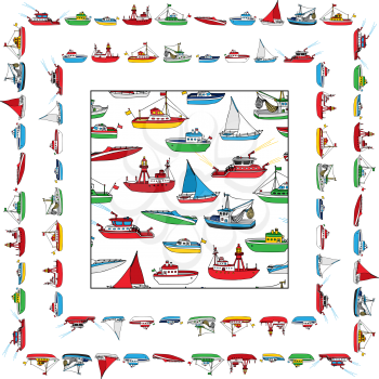 Lightship, fireboat, fishing trawler, speedboat, sailboat and motorboat. Cartoon ships and boats isolated on white background.