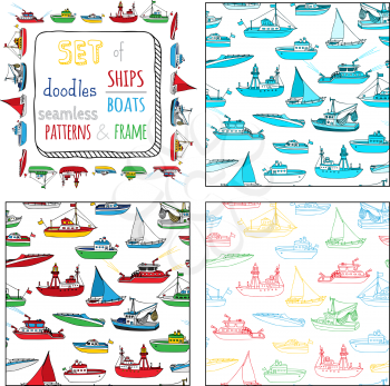 Lightship, fireboat, fishing trawler, speedboat, sailboat and motorboat. Doodles nautical vehicles on white background.