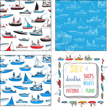 Lightship, fireboat, fishing trawler, speedboat, sailboat and motorboat. Doodles ships and boats.