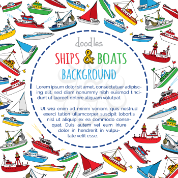 Lightship, fireboat, fishing trawler, speedboat, sailboat and motorboat. Doodles nautical vessels on white background. There is place for your text in the center.