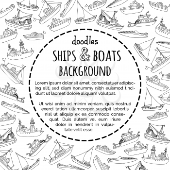 Lightship, fireboat, fishing trawler, speedboat, sailboat and motorboat. Hand-drawn nautical vehicles. There is place for your text in the circle.