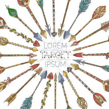Hand-drawn native ethnic arrows arranged in a circle on white background. Boho and hippie style illustration.