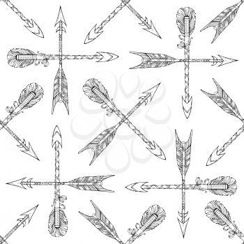 Boho and hippie style boundless illustration. Ethnic black hand-drawn arrows on white background.