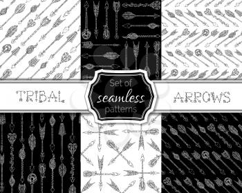 Hand-drawn doodles native ethnic arrows. Boho and hippie style duotone illustrations. Tribal boundless backgrounds.