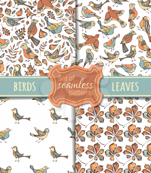 Hand-drawn birds and leaves on white background. Oak, maple, birch, rowan, chestnut leaves. Pastel boundless backgrounds.